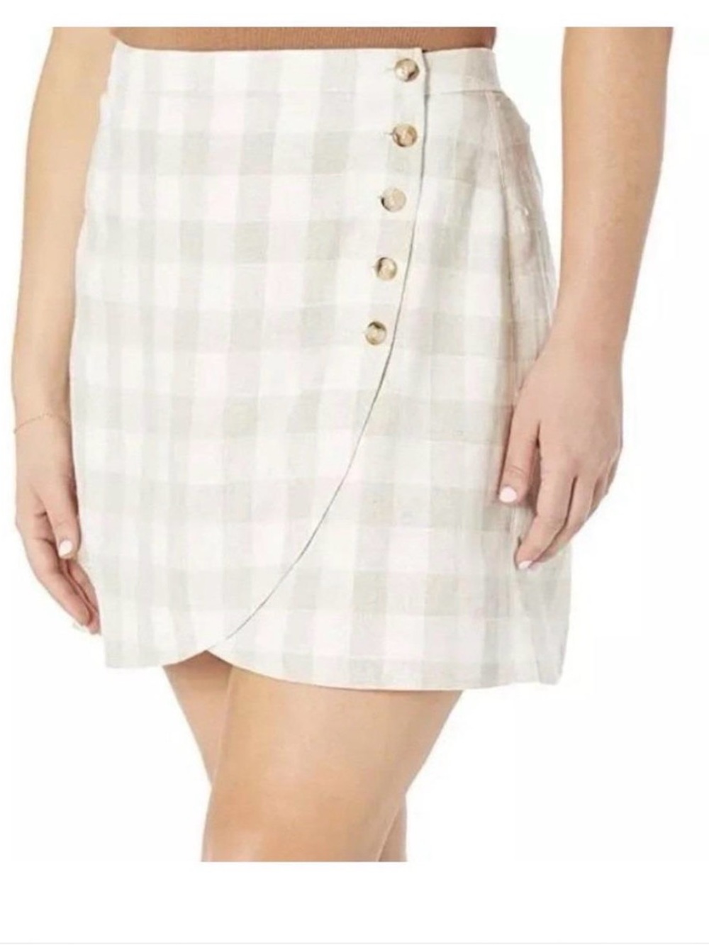 Madewell Cream & tan Plaid Wrap-Front tulip hem Skirt Button detail size 0